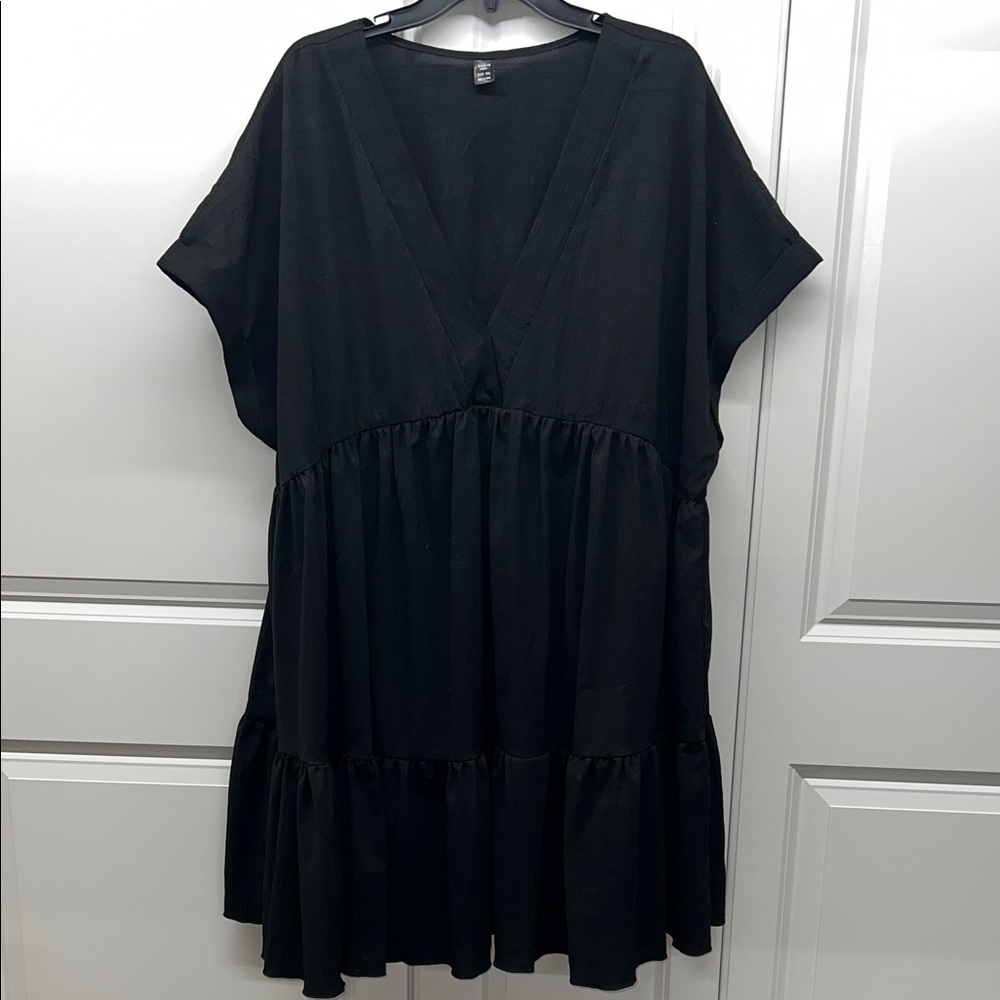 Shein Curve Plus Size 5XL Black Tiered Babydoll Smock Dress Textured V-Neck